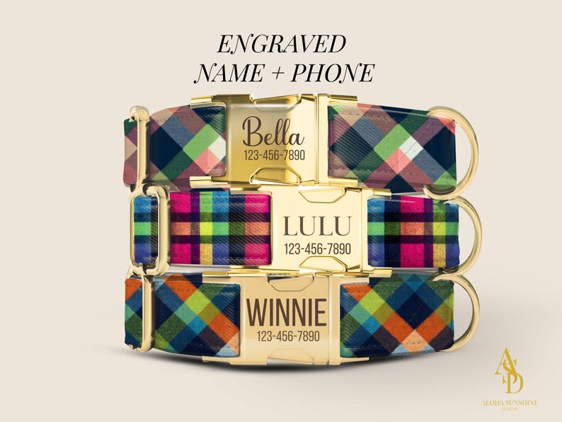 Plaid Dog Collar, Personalized Engraved Name and Phone Collar, Tartan Dog Collar with Leash, Fall Winter Dog Collar