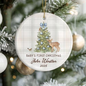 Baby Boy Ornament Personalized Ceramic Keepsake Gift New Baby Boy Christmas Newborn Boy Xmas Gift Baby Shower Grandson Present First 1st Blue Woodland