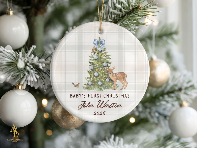 Baby Boy Ornament Personalized Ceramic Keepsake Gift New Baby Boy Christmas Newborn Boy Xmas Gift Baby Shower Grandson Present First 1st Blue Woodland