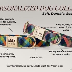 May include: Two personalized dog collars featuring a multicolored plaid pattern in shades of blue, green, orange, and pink. Each collar has a gold-tone metal buckle engraved with a name and phone number, specifically Max and Daisy.