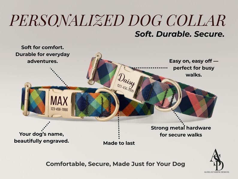 May include: Two personalized dog collars featuring a multicolored plaid pattern in shades of blue, green, orange, and pink. Each collar has a gold-tone metal buckle engraved with a name and phone number, specifically Max and Daisy.