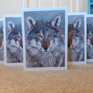 Może przedstawiać: Pięć kart z ilustracją wilka na każdej. Wilk jest szary i biały z brązowym nosem i ma śnieżne tło.