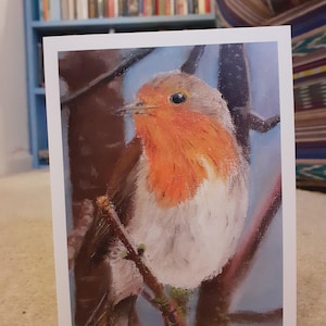 Carte de voeux Robin / carte de Noël / 7 x 5 pouces / blanc à l'intérieur / avec une bordure / dessin au pastel / carte d'art / art d'oiseau