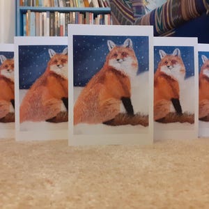 5 cartes renard en hiver / Cartes de Noël / 7 x 5 pouces / Blanc à l'intérieur / avec une bordure / Dessin au pastel / Carte d'art
