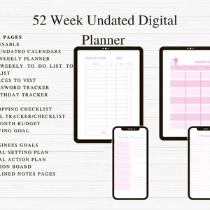 Könnte beinhalten: Ein digitaler Planer mit 161 Seiten, 12 undatierten Kalendern, 52 Wochenplanern, 52 wöchentlichen To-Do-Listen, einem Tracker für Orte, die man besuchen möchte, einem Passwort-Tracker, einem Geburtstags-Tracker, einer Einkaufsliste, einem Rechnungstracker, einem 3-Monats-Budget, einem Sparziel, Geschäftszielen, einem Plan zur Zielsetzung, einem Plan für Zielaktionen, einem Vision Board und 14 linierten Notizseiten.