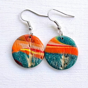 Round Sunset Dangles, Nature Circle Earrings, Pressed Clay Earrings