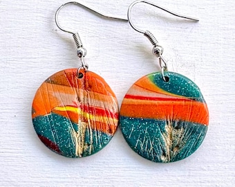 Round Sunset Dangles, Nature Circle Earrings, Pressed Clay Earrings