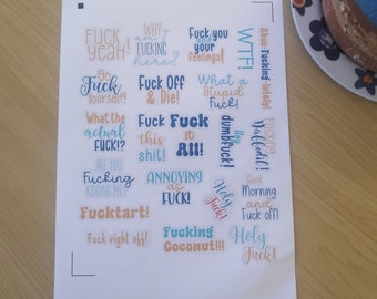 Lustige Schimpfwort Aufkleber Bogen, Erwachsenen Humor, sarkastische Affirmationen (digitaler Download)