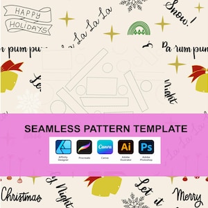 Pode incluir: Um modelo de padrão sem costura com fundo creme, motivos festivos incluindo sinos dourados, flocos de neve brancos, estrelas amarelas e texto em preto como Happy Holidays, La La La, Snow, Merry Christmas e ícones de software.