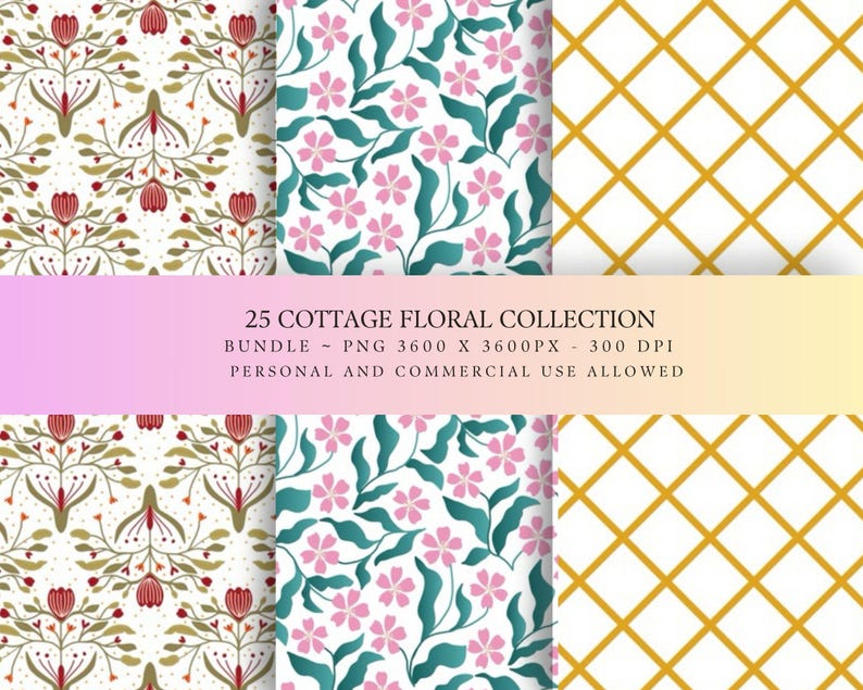 May include: A digital pattern bundle titled 25 COTTAGE FLORAL COLLECTION BUNDLE - PNG 3600 X 3600PX - 300 DPI PERSONAL AND COMMERCIAL USE ALLOWED. The image displays three distinct patterns: red floral motifs on white, pink flowers with teal leaves, and a gold grid.