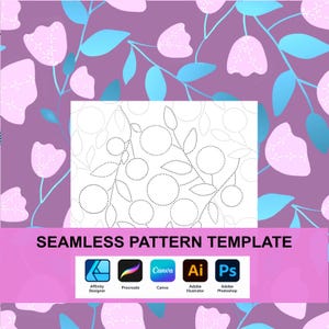 May include: A seamless pattern template featuring a purple background with light pink flowers and blue leaves. A central white rectangle displays a black dotted outline of the floral design. Text reads SEAMLESS PATTERN TEMPLATE with software icons.