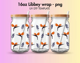 Strelitzia 16 Unzen Cup Wrap | Tropisches Blumenmuster, Aufkleber für Glastassen zum digitalen Download