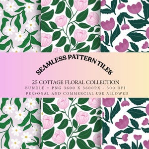 May include: A digital collection of 25 seamless floral pattern tiles featuring white daisies on light purple, pink peonies on white, and purple tulips on white. The text reads SEAMLESS PATTERN TILES 25 COTTAGE FLORAL COLLECTION BUNDLE PNG 3600 X 3600PX 300 DPI.