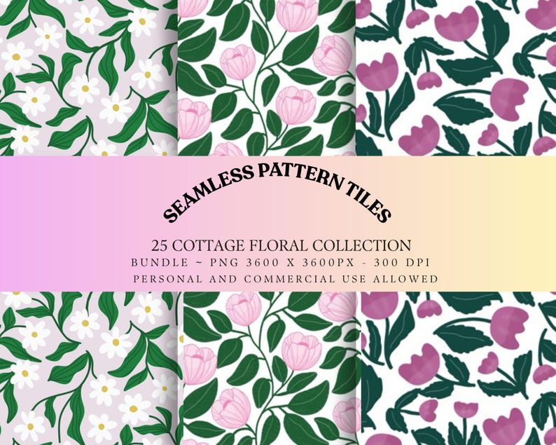 May include: A digital collection of 25 seamless floral pattern tiles featuring white daisies on light purple, pink peonies on white, and purple tulips on white. The text reads SEAMLESS PATTERN TILES 25 COTTAGE FLORAL COLLECTION BUNDLE PNG 3600 X 3600PX 300 DPI.