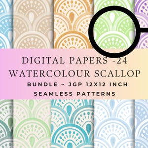 Pacote de padrões sem costura em aquarela com bordas onduladas para download digital, ideal para artesanato e design.
