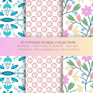 May include: A digital pattern collection titled 25 COTTAGE FLORAL COLLECTION BUNDLE PNG 3600 X 3600PX 300 DPI PERSONAL AND COMMERCIAL USE ALLOWED. The image displays three distinct floral designs featuring blue symmetrical motifs, pink circular patterns, and colourful botanical illustrations on white backgrounds.