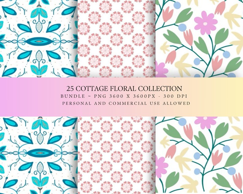 May include: A digital pattern collection titled 25 COTTAGE FLORAL COLLECTION BUNDLE PNG 3600 X 3600PX 300 DPI PERSONAL AND COMMERCIAL USE ALLOWED. The image displays three distinct floral designs featuring blue symmetrical motifs, pink circular patterns, and colourful botanical illustrations on white backgrounds.