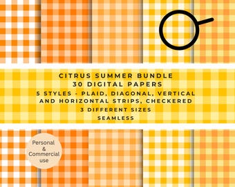 Citrus Digitales Papier-Bundle - 30 nahtlose Muster, Gingham (Plaid) Streifen karierte Designs (druckbarer Download)