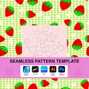 May include: A digital seamless pattern template featuring a repeating design of red strawberries with green leaves and small white flowers on a light green gingham background. The centre displays a light pink rectangle with dotted circles.