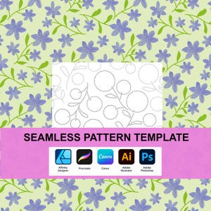 Op de afbeelding: Een naadloos patroonsjabloon met een lichtgroene achtergrond, paarse bloemen en groene stengels, bedekt met een wit rechthoekig vlak met een bloemmotief van zwarte stippellijnen, de tekst SEAMLESS PATTERN TEMPLATE en diverse software-iconen.