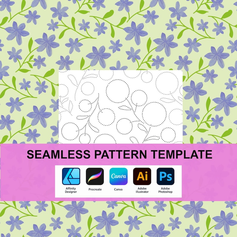 May include: A seamless pattern template featuring a light green background with purple flowers and green stems, overlaid with a white rectangle containing a black dotted line floral design, the text SEAMLESS PATTERN TEMPLATE, and software icons.