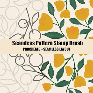 May include: A digital graphic featuring a seamless pattern stamp brush for Procreate. The design displays yellow flowers and green leaves on a cream background, with a section showing the line art outline and the text Seamless Pattern Stamp Brush PROCREATE - SEAMLESS LAYOUT.