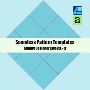 Può includere: Un grafico digitale che presenta una forma a diamante azzurro divisa da sottili linee di griglia blu scuro. Un banner bianco orizzontale al centro mostra il testo nero Seamless Pattern Templates Affinity Designer layouts - 3.