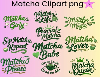 Matcha Clipart-Bundle PNG | Grüner Tee Liebhaber Grafiken | 10 Matcha-Sätze | Sublimationsdesign
