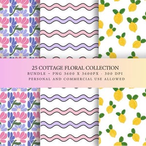 May include: A digital pattern collection titled 25 COTTAGE FLORAL COLLECTION BUNDLE - PNG 3600 X 3600PX - 300 DPI PERSONAL AND COMMERCIAL USE ALLOWED. The image displays three repeating patterns: pink and blue flowers, wavy pink and purple lines, and yellow lemons with green leaves on a white background.