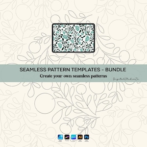 May include: A digital bundle of seamless pattern templates featuring a floral motif with dark green leaves and light teal flowers. The graphic includes the text SEAMLESS PATTERN TEMPLATES - BUNDLE, Create your own seamless patterns, and DigitalStudioZa.