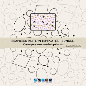 Può includere: Un tablet digitale che mostra un motivo continuo di coniglietti, gatti, fiori e faccine sorridenti su sfondo rosa chiaro. Il testo recita SEAMLESS PATTERN TEMPLATES - BUNDLE, Create your own seamless patterns e DigitalStudioZa.