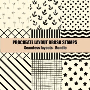 May include: A digital collection of Procreate layout brush stamps featuring seamless patterns in black and white. The designs include dandelion seeds, leaves, polka dots, diamonds, vertical stripes, zigzags, diagonal lines, grids, and stars.