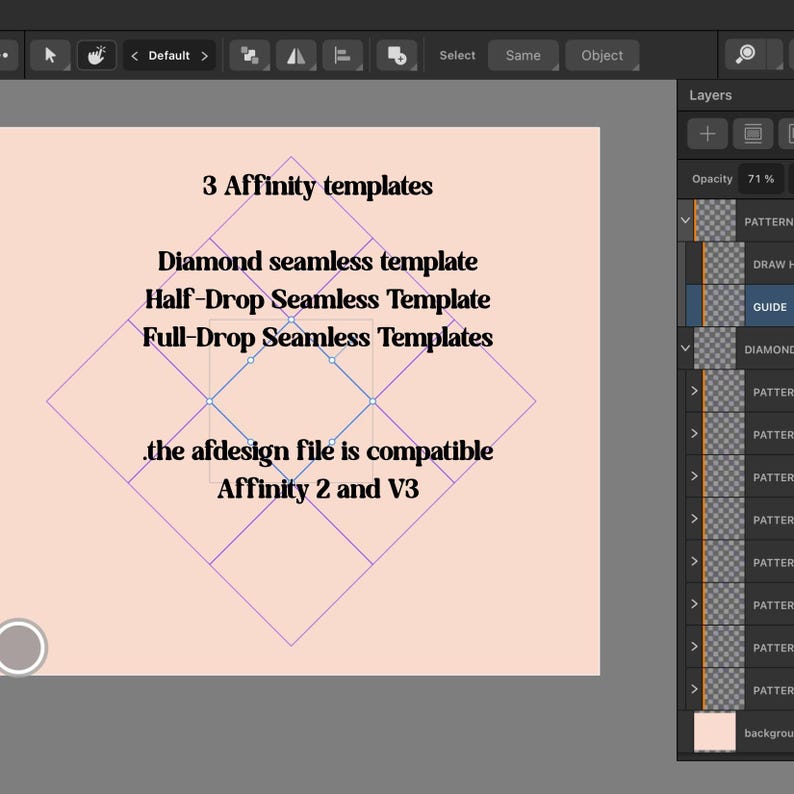 以下が含まれることがあります： 3つのAffinityテンプレートを表示するデジタルインターフェース。テキストには「3 Affinity templates, Diamond seamless template, Half-Drop Seamless Template, Full-Drop Seamless Templates, the afdesign file is compatible Affinity 2 and V3」と記載されています。