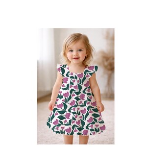 May include: A sleeveless dress featuring a white base with a repeating pattern of purple tulip-like flowers and dark green leaves. The dress has a square neckline and ruffled cap sleeves, creating a simple, flared silhouette for a young child.