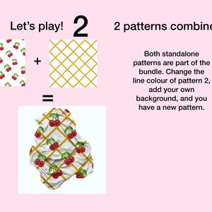 May include: A digital graphic showing two patterns combined. Pattern 1 features red cherries on a white background. Pattern 2 is a gold grid. The combined result shows the cherry pattern overlaid with the gold grid on a white fabric texture.