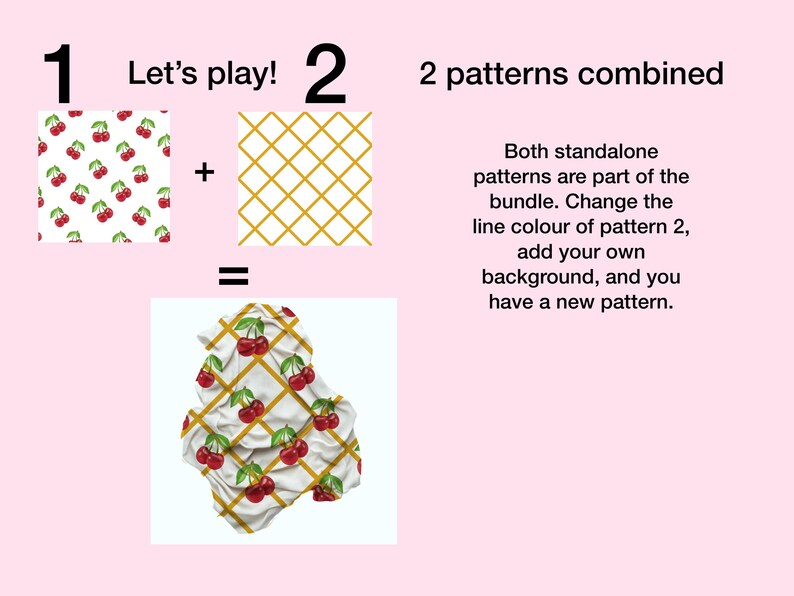 May include: A digital graphic showing two patterns combined. Pattern 1 features red cherries on a white background. Pattern 2 is a gold grid. The combined result shows the cherry pattern overlaid with the gold grid on a white fabric texture.