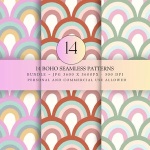 Boho Rainbow Seamless Patterns Bundle, Retro Arches, Neutral Nursery Digital Paper (JPG)