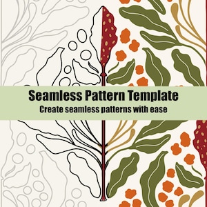 Puede incluir: Una plantilla de patrón sin costuras con un diseño botánico de hojas y bayas en verde oliva, naranja y rojo oscuro. El gráfico incluye una línea vertical central y el texto Seamless Pattern Template Create seamless patterns with ease.
