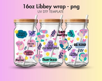 Self Love Affirmations Libbey 16 Unzen Glas Cup Wrap, Boho Floral (PNG Digital Download)