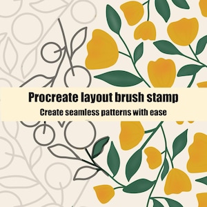 May include: A digital graphic featuring a floral pattern with yellow flowers and dark green leaves on a cream background. A horizontal banner across the center displays the black text: Procreate layout brush stamp. Create seamless patterns with ease.