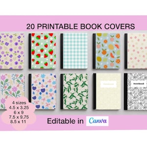 Può includere: Una collezione di 20 copertine di libri stampabili con vari design, tra cui floreali, fruttati e a fantasia. Disponibili in 4 dimensioni: 11,4 x 8,3 cm, 15,2 x 22,9 cm, 19,1 x 24,8 cm e 21,6 x 27,9 cm. Le copertine sono modificabili in Canva.