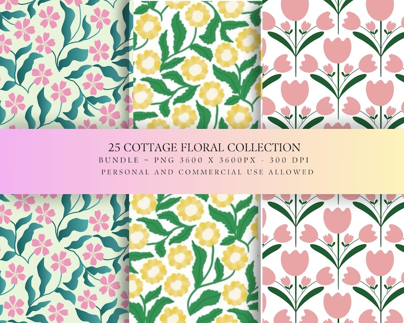 May include: A digital collection of three floral patterns featuring pink flowers with teal leaves, yellow flowers with green leaves, and pink tulips with green stems. The text reads 25 COTTAGE FLORAL COLLECTION BUNDLE - PNG 3600 X 3600PX - 300 DPI.