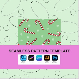 May include: A seamless pattern template featuring red and white candy canes and white snowflakes on a light green background. The text SEAMLESS PATTERN TEMPLATE is displayed above icons for Affinity Designer, Procreate, Canva, Adobe Illustrator, and Photoshop.