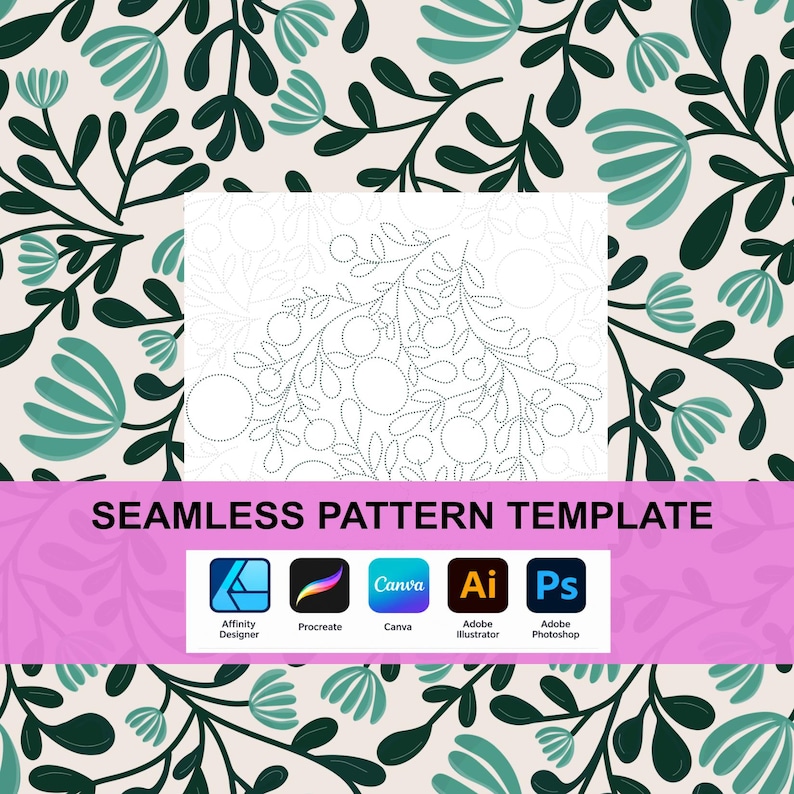 Pode incluir: Um modelo de padr&atilde;o sem costura com design bot&acirc;nico de folhas e flores em verde escuro e azul-petr&oacute;leo sobre fundo claro. Uma caixa branca central exibe o contorno pontilhado do motivo floral. O texto diz SEAMLESS PATTERN TEMPLATE.