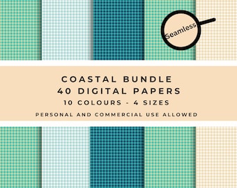 Küsten Gingham Digitales Papier Set, Nahtlose Karo Muster, Blau Beige Texturen (Kommerzielle Nutzung)