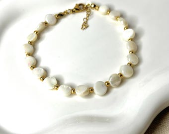 AB Coin Seashell Bracelet: Gold Stainless Steel, Beach Jewelry