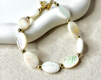 Iridescent Seashell Bracelet: Gold Plated Stainless Steel, Heart Extender