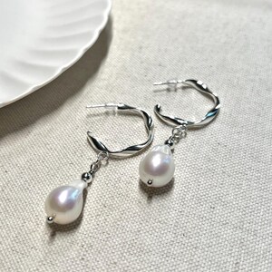 Costal Drop Earrings, Pearl Earrings, Dainty Pearl Jewelry, Sterling Silver Pearl Hoops, Baroque Pearl Bridal Earrings, Wedding Day Jewelry