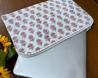 Block Print Floral Laptop Bag, Boho Cotton Quilted Computer Cover, Indian Handmade Bag For Laptop, Bohemian Macbook Sleeve Gift For Her, Bag