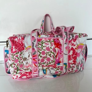Großer Baumwoll-Patchwork Seesack, Blockprint gesteppte Wochenendtasche für Frauen, Weihnachtsgeschenk, handgemachte Reisetasche/Boho Schultertasche